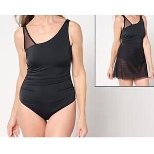 Isaac Mizrahi Size Plus 18 Black One Piece Swimsuit & Mesh Skirt A635929 NWT